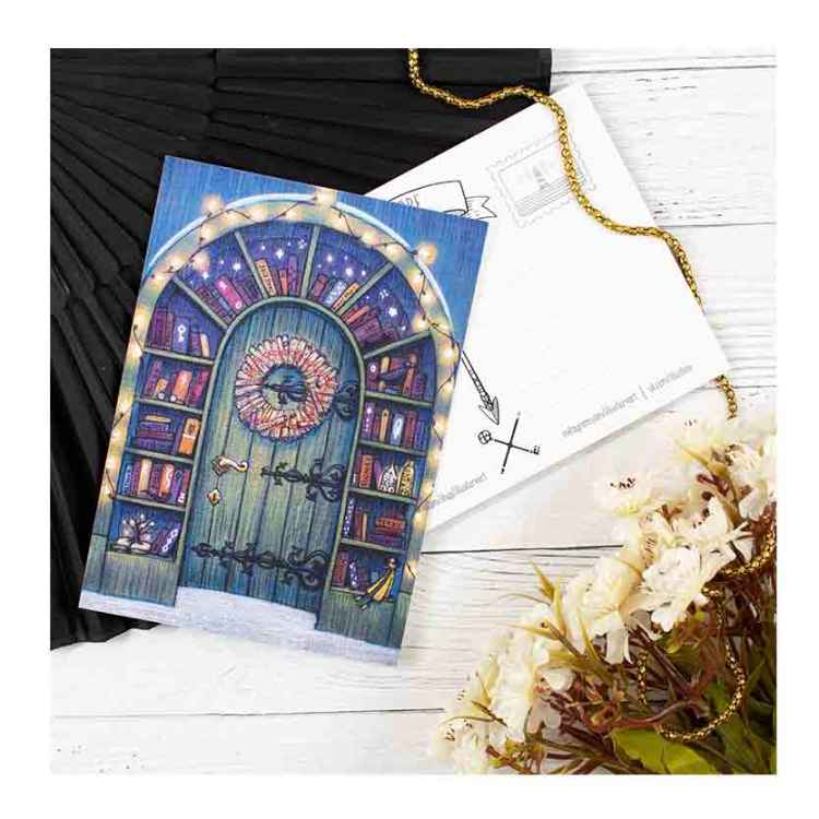 Открытка Illustore "Новогодняя дверь для любителей книг"