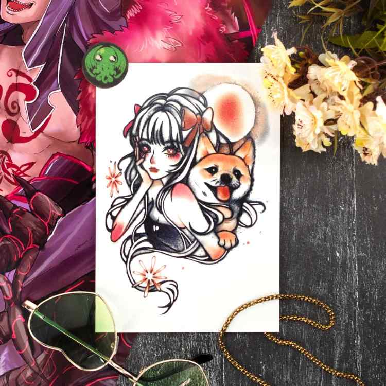 Временная татуировка Девочка и акита